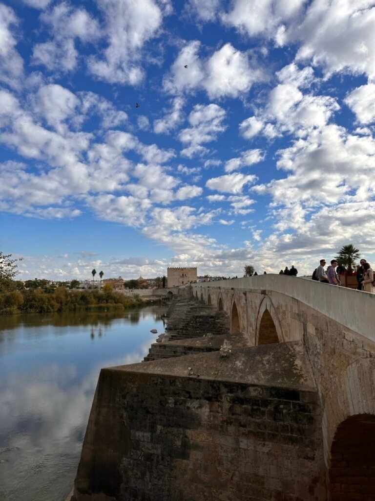 Old stone bridge across the river with tourists and a cloudy sky