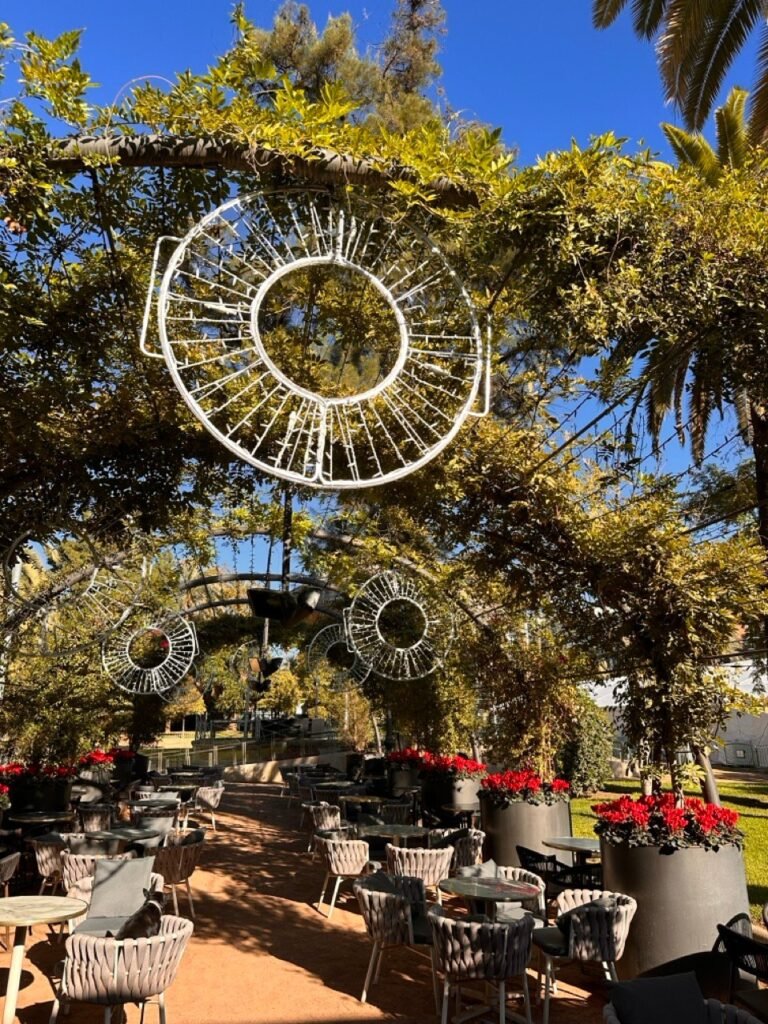 Terrace under vines with white decorations and red poinsettias